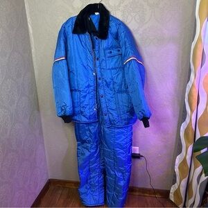 Blue Quilted Jacket and Pants Set Vintage Ski set Suit Snowmoblie warm 70’s